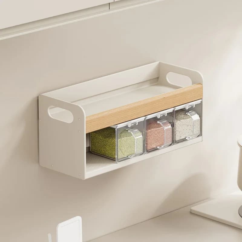Barattolo di sale da cucina in legno di faggio Set di spezie in stile crema Scatola per condimenti a parete resistente allo stampo Porta zucchero in legno minimalista