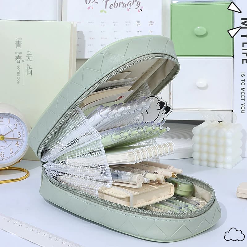 Portable Pen Box PU Pencil Case Large Capacity Pencil Bag Multi-layer Pencil Pouch Stationery Storage Bag School Supplies New