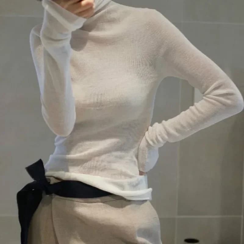 Top di lana pettinata sottile delle nuove donne autunnali Top aderente con colletto in pile di base Maglione di lana da donna Top a maniche lunghe lavorato a maglia sottile