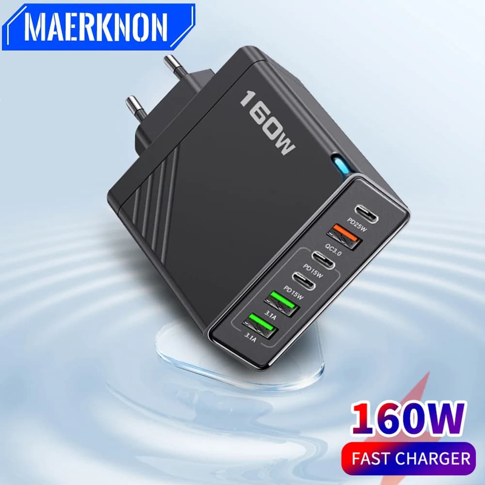 Caricatore USB C totale da 160 W 6 porte PD QC30 Ricarica rapida per iPhone 16 Pro Samsung S24 Xiaomi 14 Adattatore di alimentazione universale UE USA