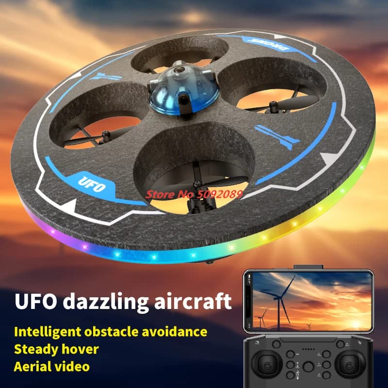 Quadricottero Volante con Schiuma Protettiva, WIFI FPV, Telecomando 2.4G, Evitamento Ostacoli Intelligente, Mantenimento dell'Attitudine, Rotazione 360° ° Drone RC UFO LED Colorato e Pieghevole