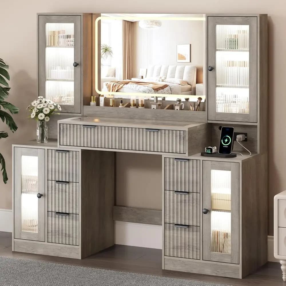 55 inch toe with illuminated mirror, 8 drawers and 4 lockers, tempered glass top, RGB lighting, 3-color adjustable mirror