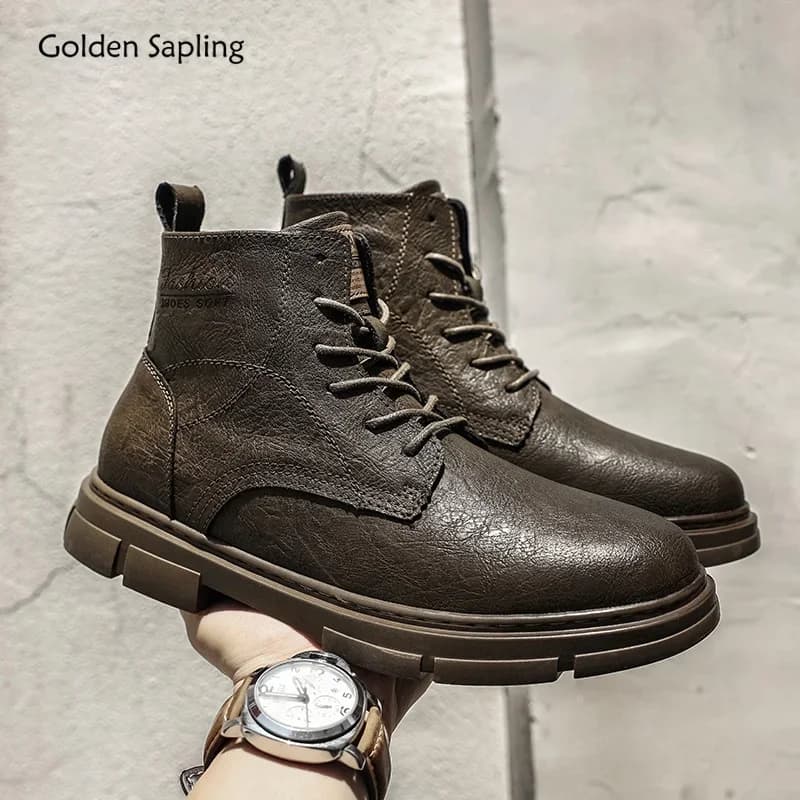 Golden Sapling New Genuine Leather Boots for Men Fashion Concise Ankle Boot Male Outdoor Non-slip Hiking Botas Climbing Shoes
