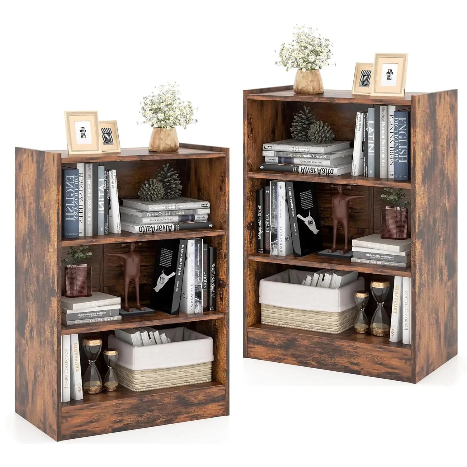 3-Tier Adjustable Shelf Small Bookcase 29.5" Modern Display Storage Organizer Home Office School Rustic Brown, Customized