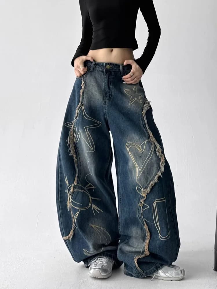 Jeans Cargo Blu Vintage Stile Grunge Y2K 2026, Pantaloni Larghi da Donna, Nuova Moda Rock, Denim a Gamba Larga