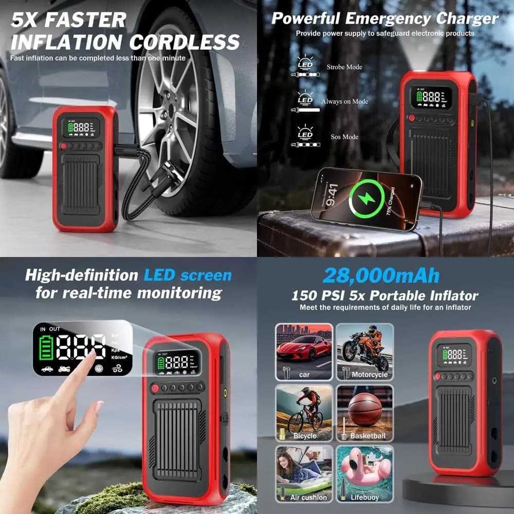 Compressore d'aria portatile Jump Starter 12V, pompa 150PSI 28000mAh con ventilatore, luce LED e indicatore digitale per auto, motocicli e