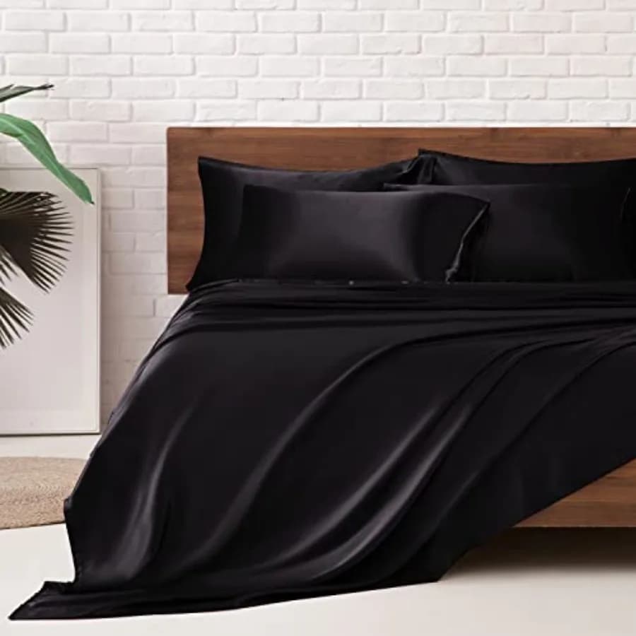 Set di Lenzuola in Raso 6 Pezzi, Set Biancheria da Letto Setosa con Tasca Profonda 15 Pollici per Materasso, Nero