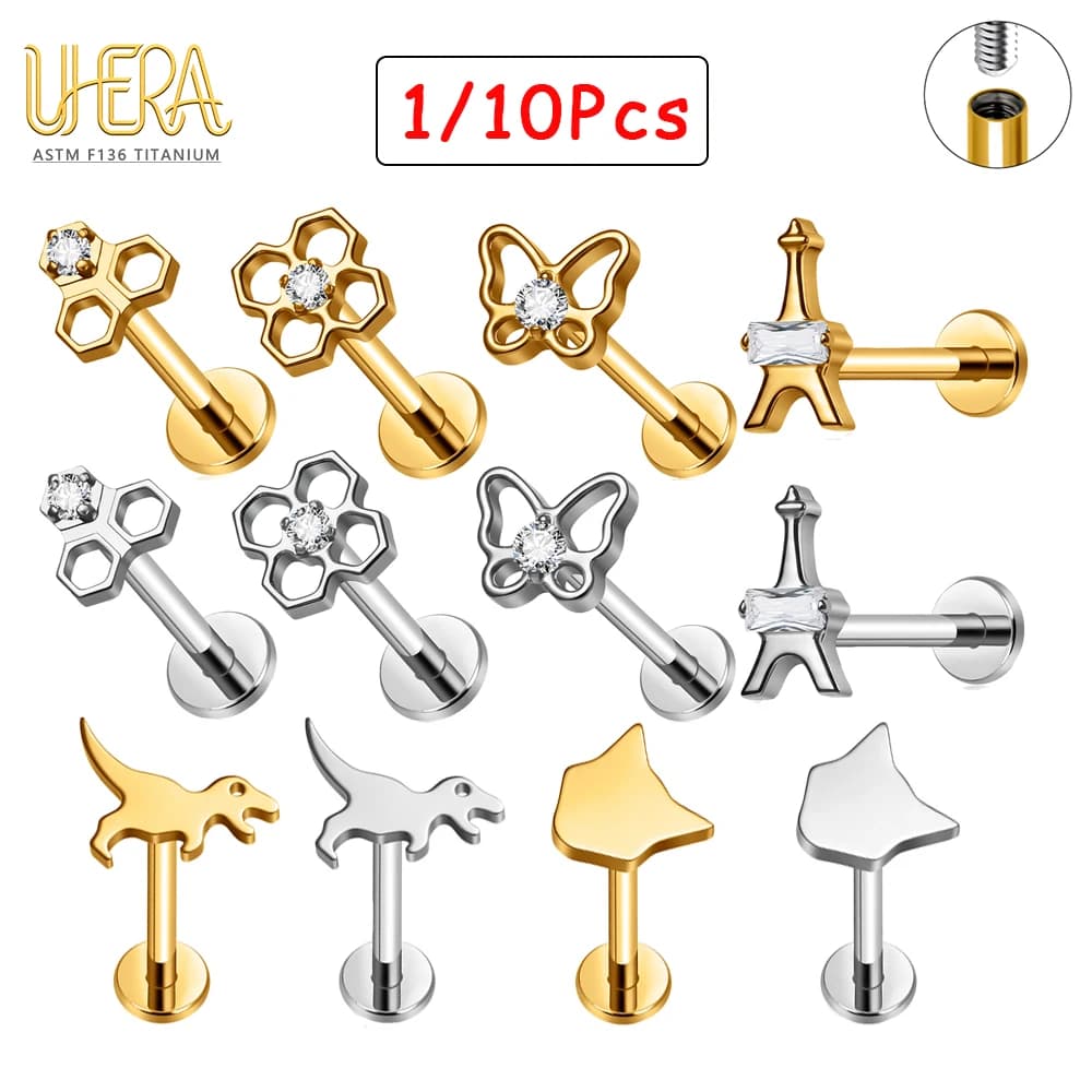 1/10Pcs ASTM F136 Titanium Labret Stud CZ Earring Hypoallergenic Cartilage Helix Tragus Piercing Body Jewelry