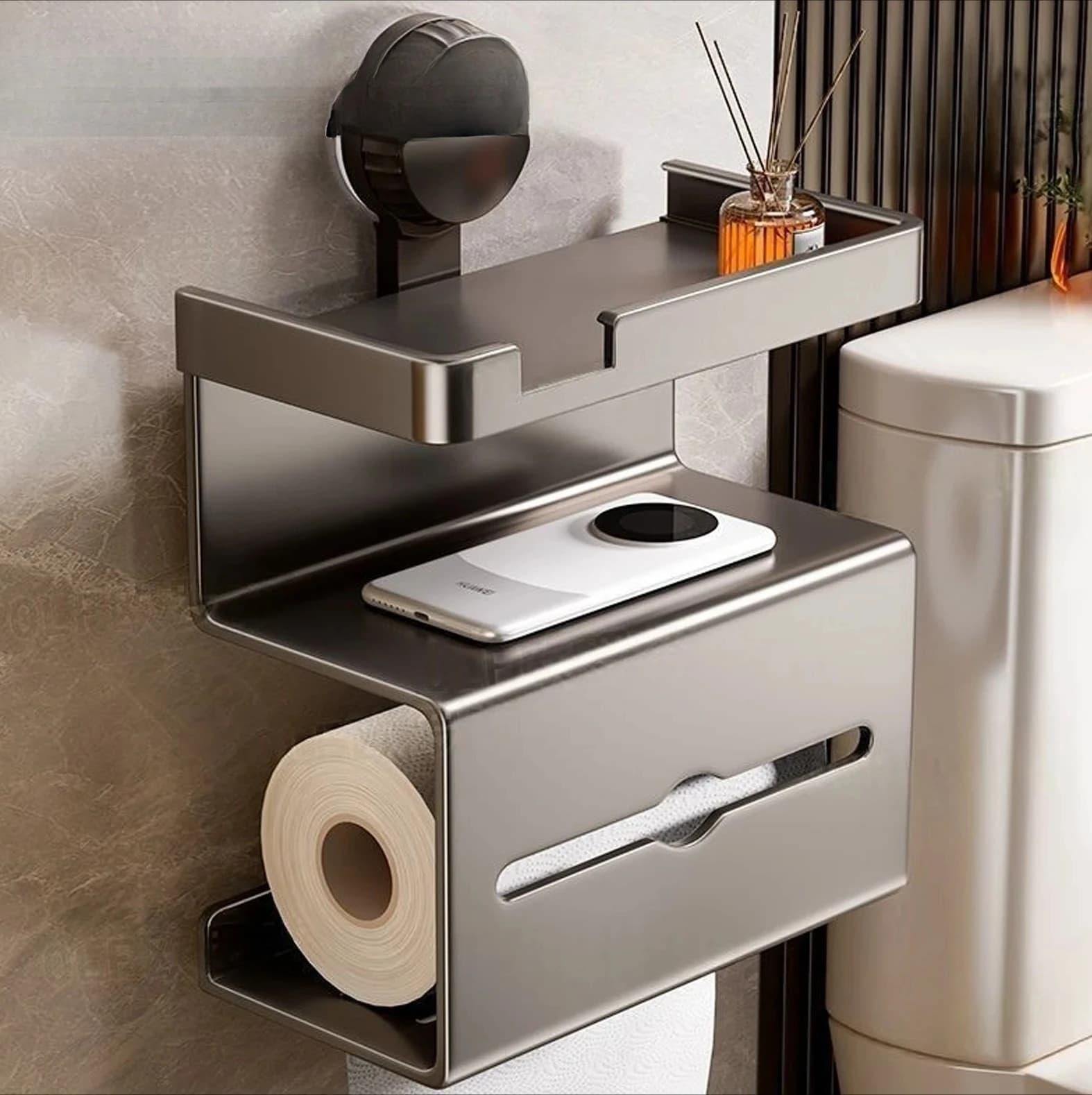 Accessori per il bagno Decorazione hardware Scaffale portaoggetti Porta carta igienica Spazio Portarotolo di carta igienica nero montato a parete in alluminio