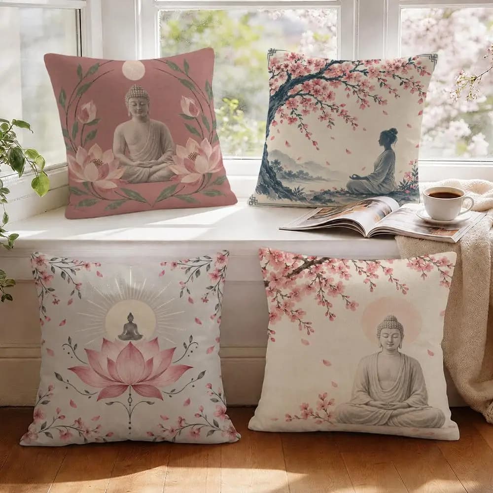 Meditation Cushion Cover 1/4Pcs Linen Throw Pillow Covers Double-Side Print Sofa Couch Living Room Decor