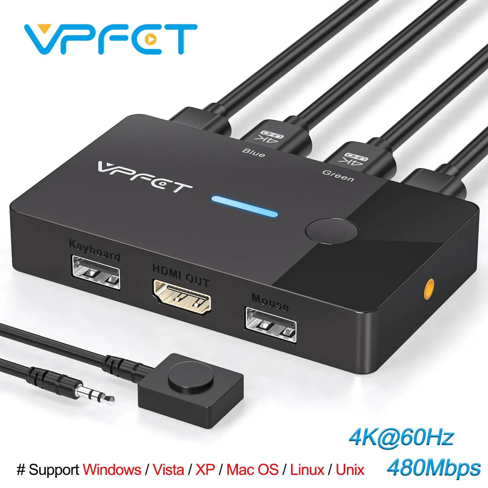 Switch KVM HDMI 4K @ 60Hz 1 monitor 2 computer keyboard sharing USB hub plug and play supports Windows Mac Linux without power