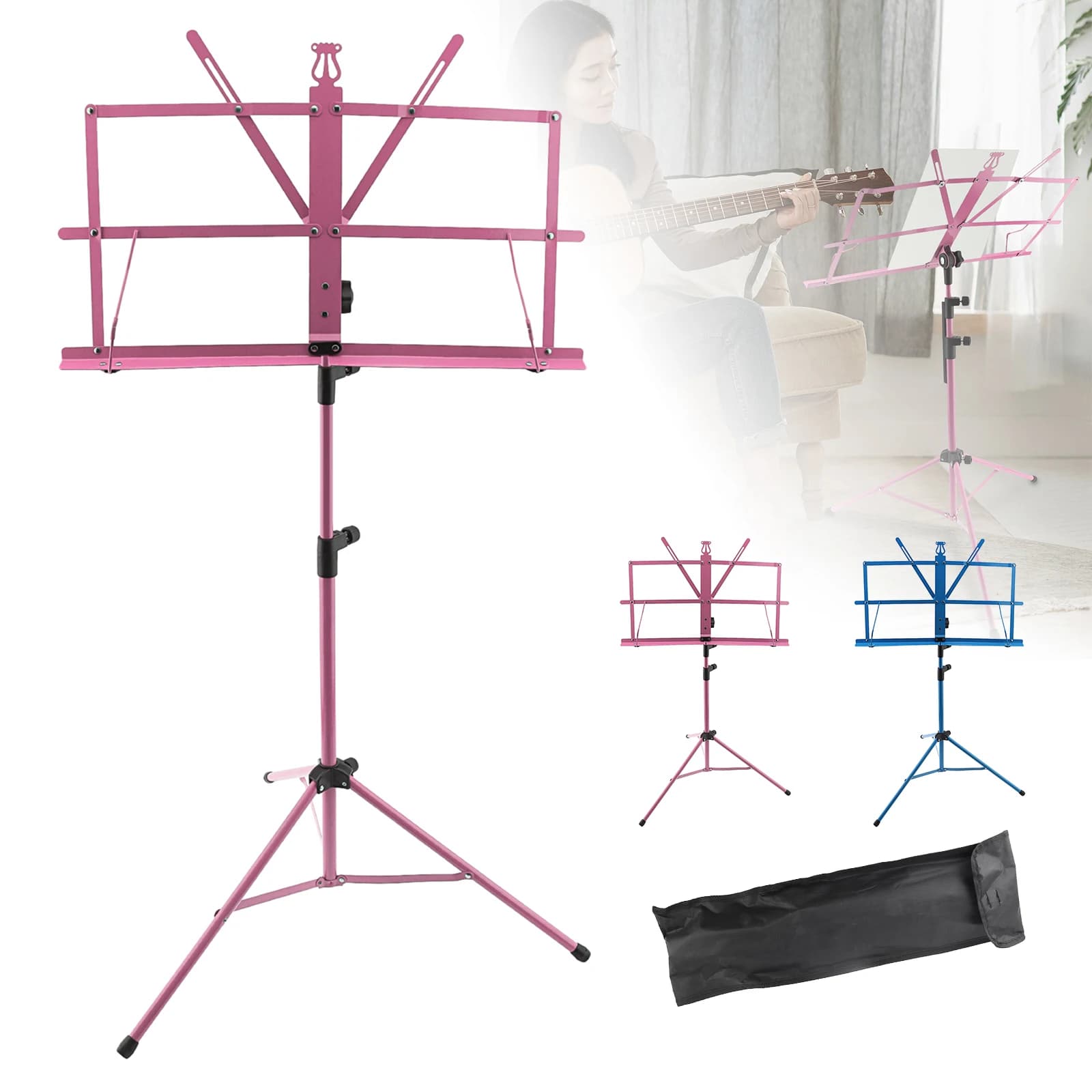 Colourful Folding Lightweight Music Stand Aluminum Alloy Tripod Stand Holder Height Adjustable with Carrying Bag