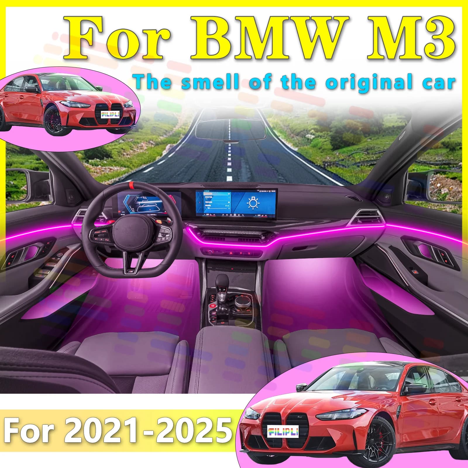 Per BMW M3 G80 Elite Acrilico nascosto Interno del veicolo Luce d'atmosfera RGB Sincronizzazione sonora LED multicromato controllato da APP