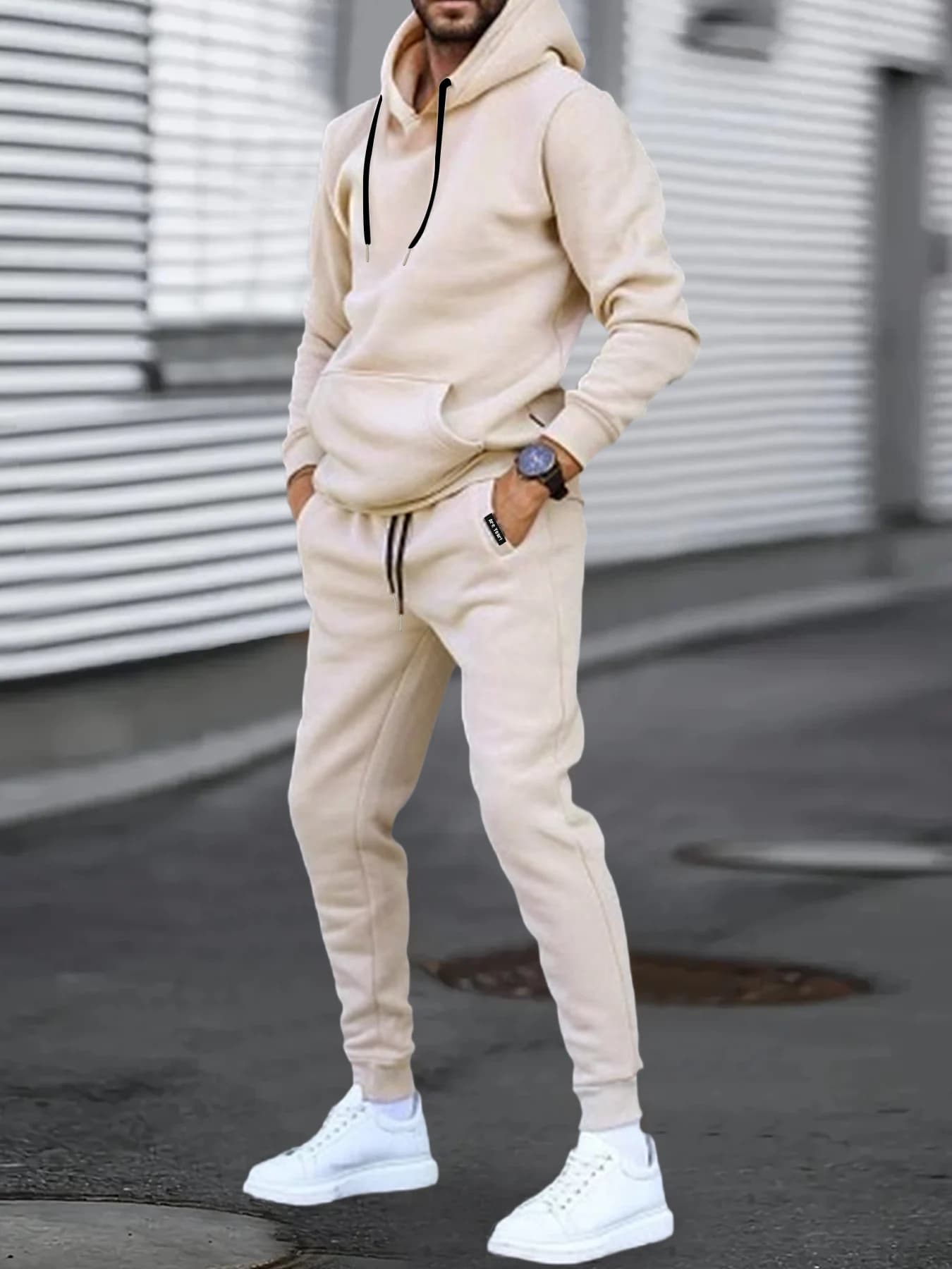 Set Felpa con Cappuccio e Pantaloni Sportivi Beige da Uomo, Abbigliamento Casual Sportivo Comodo per Autunno e Inverno, Completo 2 Pezzi