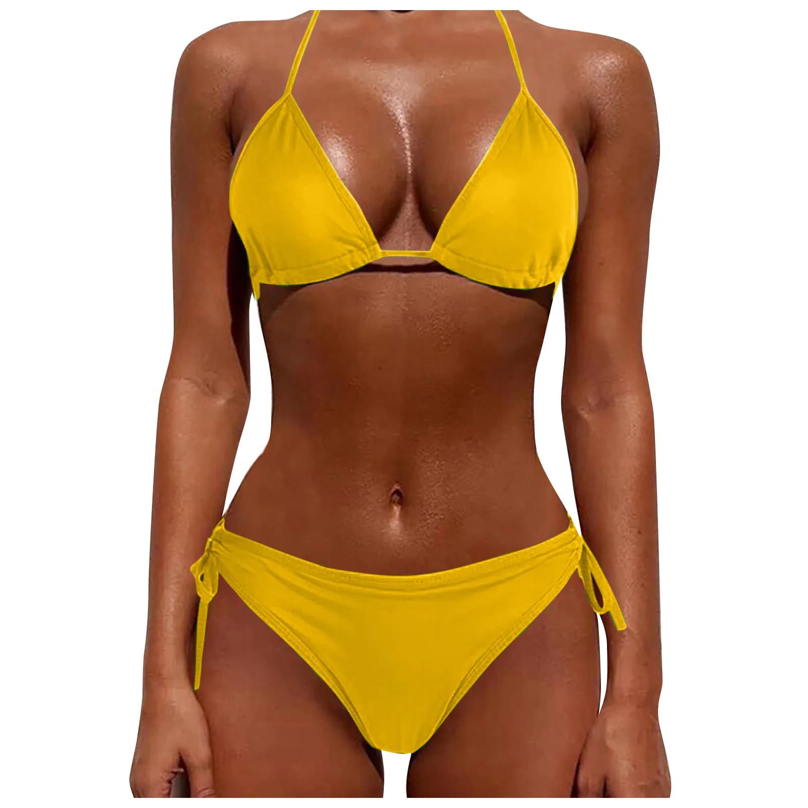 Costume da bagno bikini estivo leggero piccante per ragazza Costume da bagno sexy alla moda da donna Tinta unita a vita alta con lucchetto dorato
