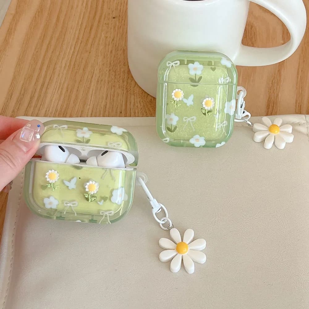 3D Green Sunflower Earphone Case for AirPods 1 2 3 4 New Air Pods Pro 2nd 4th Shell with Pendant