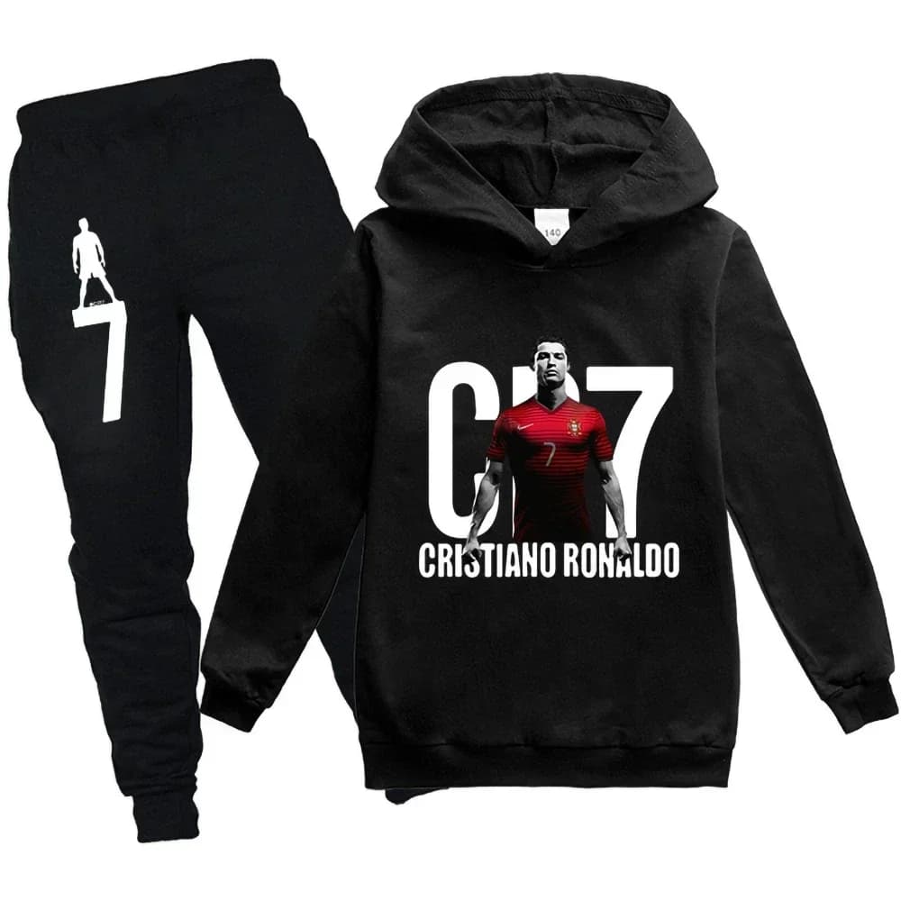 Abbigliamento per bambini Felpa con cappuccio + Pantaloni Completo 2 pezzi Set Tuta da ragazzo 3-12 anni Felpa primavera autunno Set Calcio CR7 Tuta sportiva per bambini