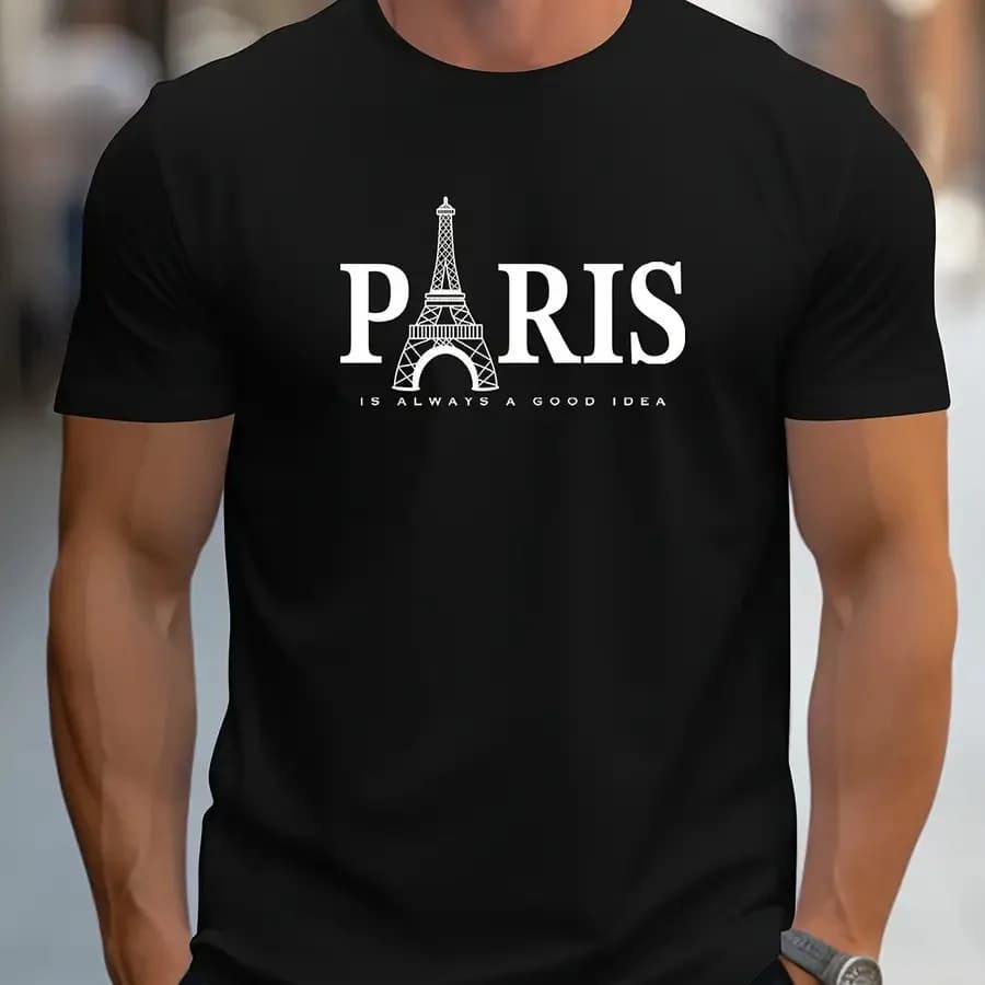 T-shirt da uomo con grafica della Torre Eiffel di Parigi - T-shirt casual con scollo rotondo, maniche corte e tessuto elasticizzato, lavabile in lavatrice - Summer Es