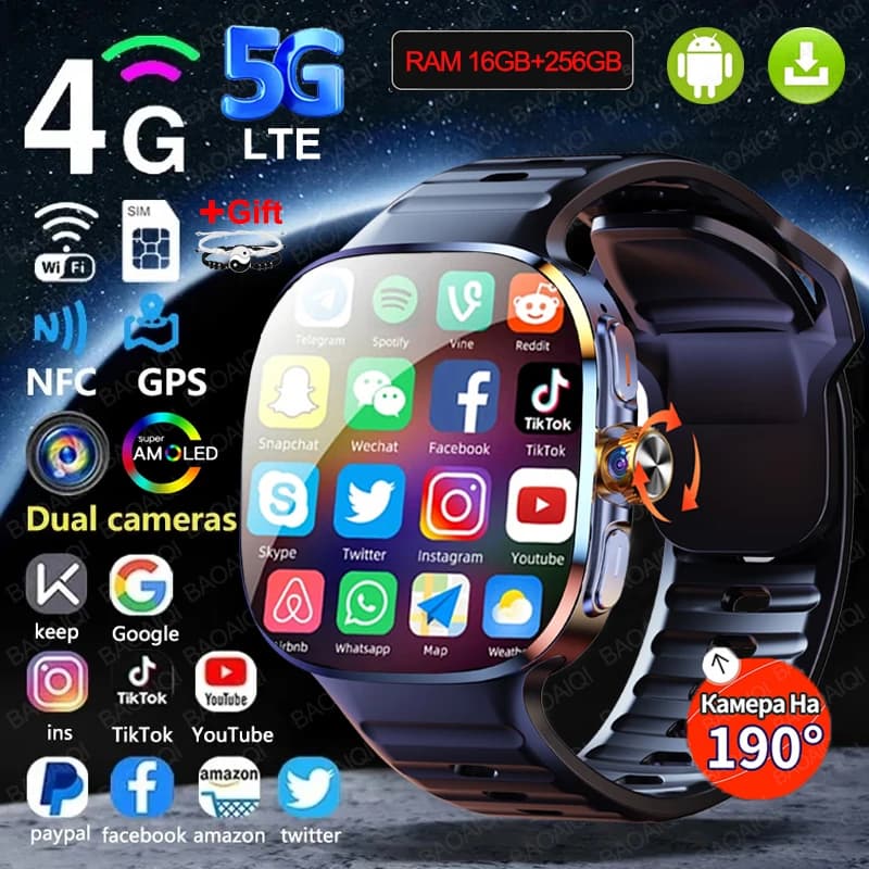 4G Full Network Watch Smart Mens 2.40 inch Large Screen Video Called 16GB + 256GB RAM 2100mAh Google Play GPS WIFI Sim Card Smartwatch