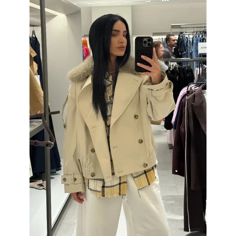 Cappotto corto giacca a vento corto con collo in pelliccia chic Moda donna Giacca ampia con tasca doppio petto Capispalla da ufficio per pendolarismo quotidiano autunnale