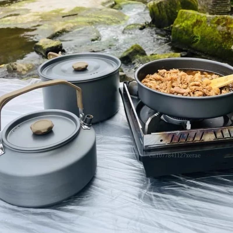 Camping Cooking Pot Set, Aluminum Alloy Portable Folding Handle with Non-Stick Frying Pan & Soup Pot for Outdoor Backpacking