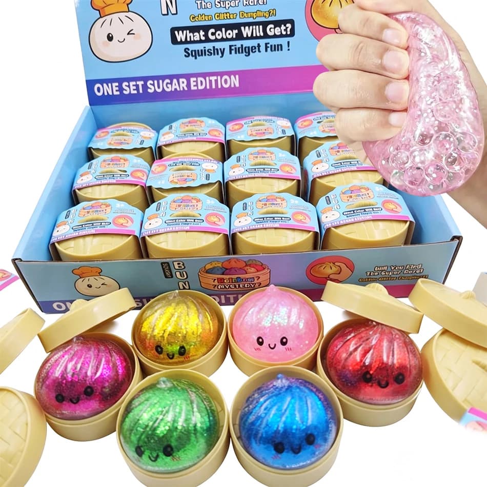 New Glitter Dumpling Squishy with Box Dumplings Sensory Steamer Soft Dough Ball for Decompression Fidget Toy Stress Relief Gift