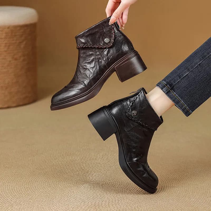Women Genuine Sheepskin Ankle Boots 4.5cm Chunky Heel Round Toe Stitching Metal Decor Pigskin Lining Rubber Sole Winter G434