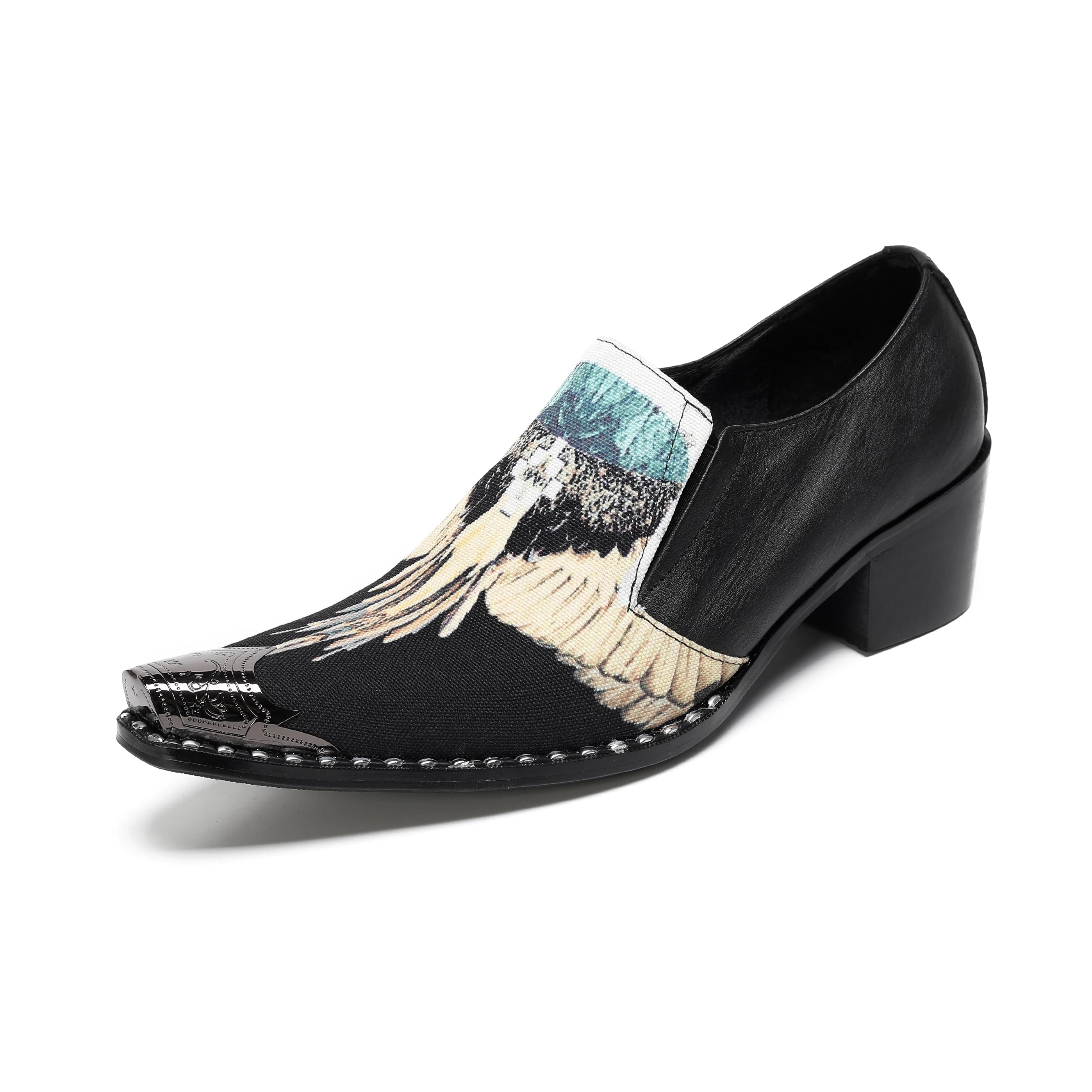Mens Printed High-Heeled Business Shoes: Metallic Pointed-Toe British-Style Patchwork Low-Cut Loafers – Casual Party Shoes