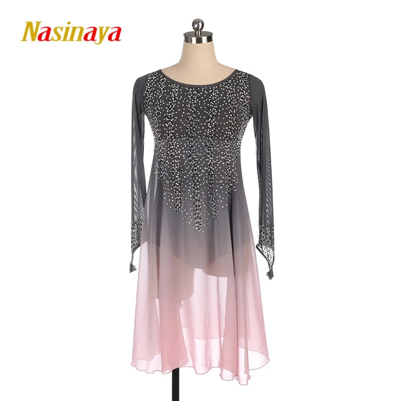 Abito da pattinaggio di figura Nasinaya Gonna da pattinaggio su ghiaccio da competizione personalizzata per ragazza donna bambino Performance grigio sfumato rosa