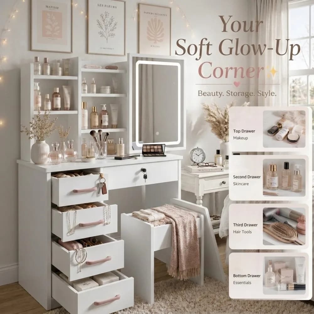 Makeup Vanity Desk & Stool Set with LED Decorative Sliding Sliding Mirror, 5 Storage Drawers & Hidden Shelves, Cute White Vanity Table with Pink Handles, Perfect Gift for Girls, Women & First Apartment