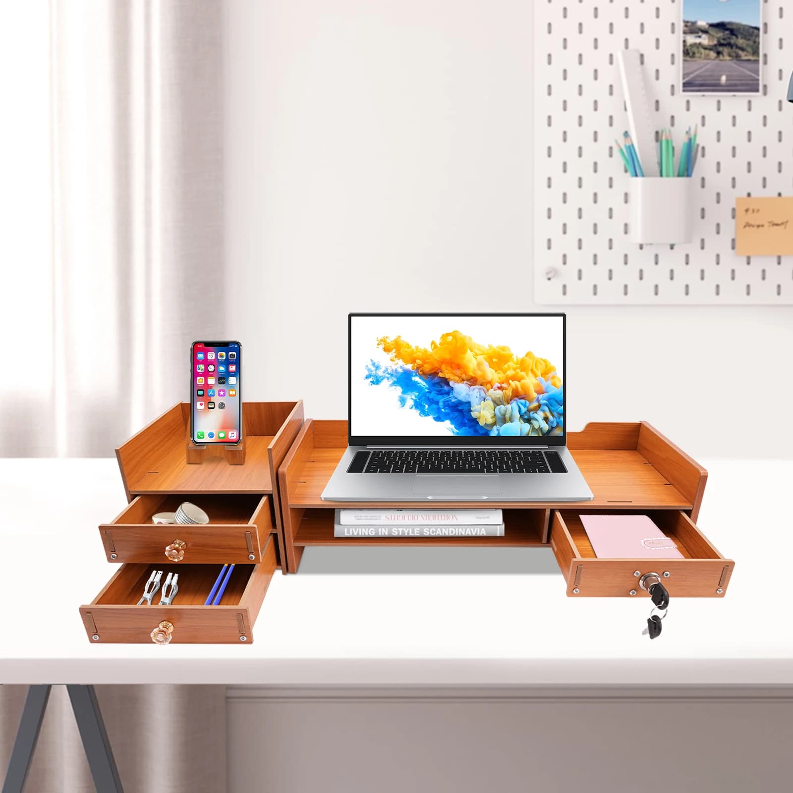 Computer Monitor Rack with Drawers Phone Holder, MDF, 48*20*3.5cm, Organize Office Supplies, Monitor Support, Computer Desktop