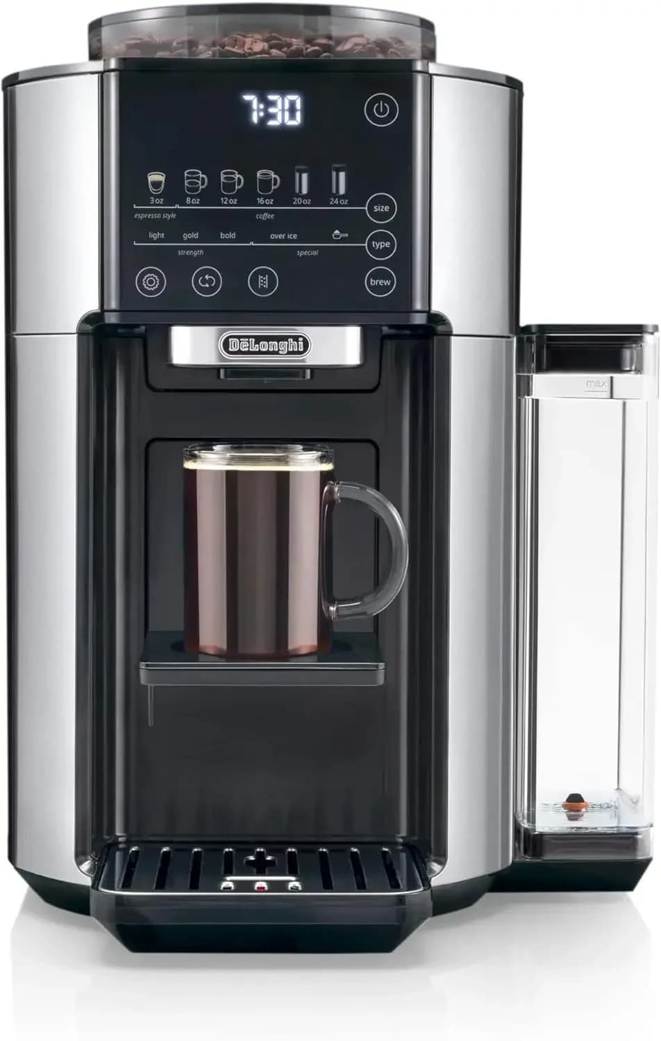 De'Longhi True Brew Coffee Maker with Built in Grinder Single Serve 8-24 oz Hot Iced Coffee Stainless CAM51025MB