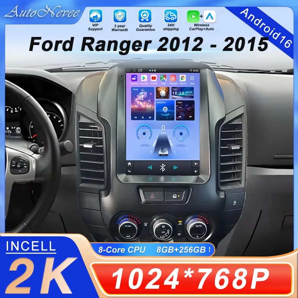 Autoradio Android 16 with Touch QLED Screen from 9,7 Inches for Ford Ranger 2012-2015, Stereo Auto with Video, Carplay, GPS and WIFI Navigation