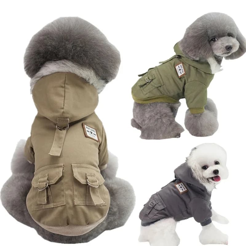 Warm Dog Hooded Jacket Multi Pockets Dog Clothing D-Ring Leash Hook Puppy Coat Outdoor Walking Winter Cotton Lined Pet Outfit
