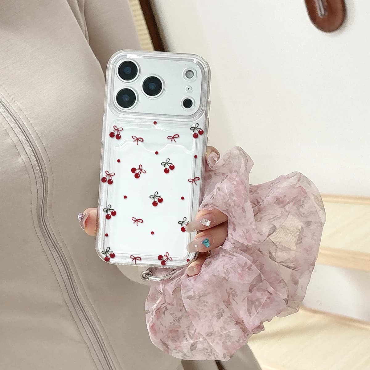 Cherry Bow Clear Card Holder Phone Case With Floral Scrunchie Strap For IPhone17 16 15 14 13 12 11 Pro Max