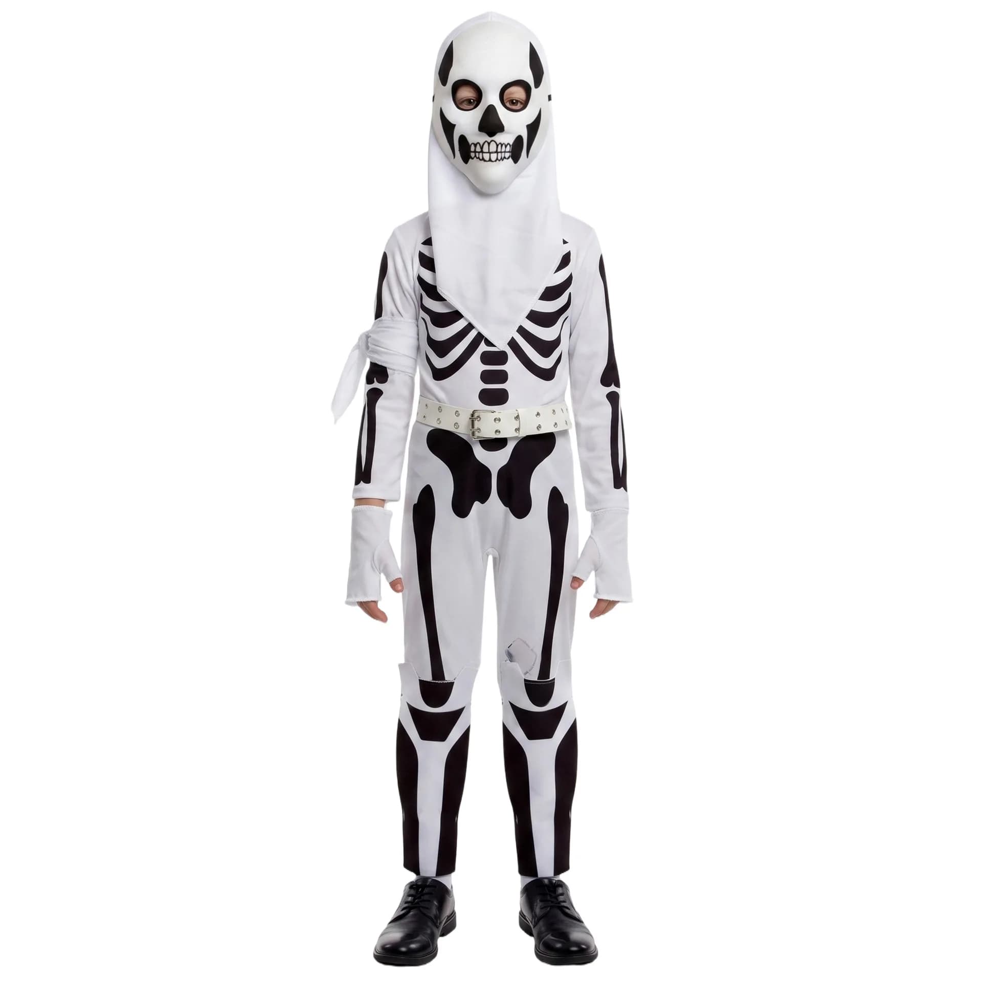 Skull Trooper Cosplay Full Set White Skeleton Jumpsuit With Skull Mask Gloves Belt Hood Kneepads Halloween Carnival Game