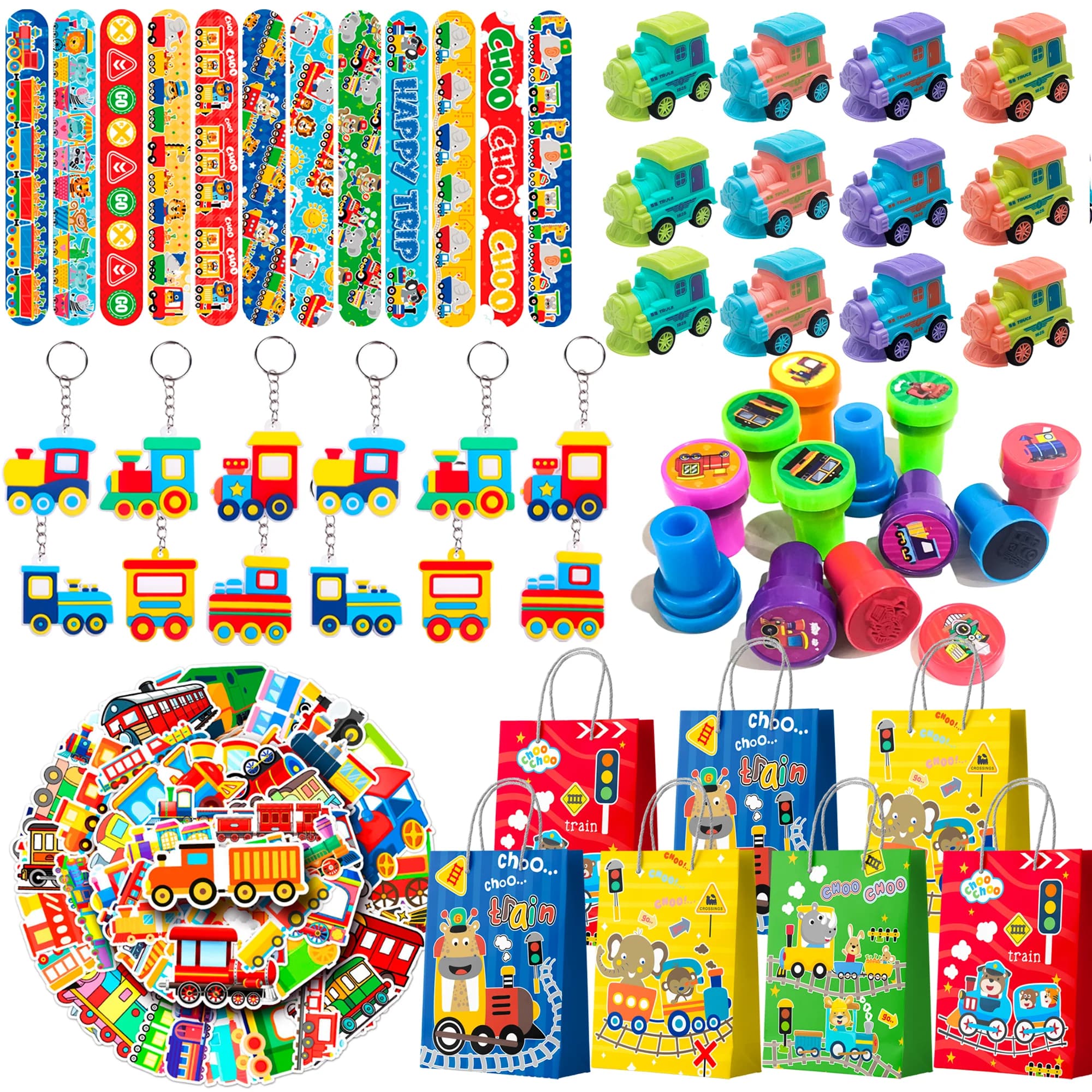 110 Pcs Train Birthday Party Favors Set - Train Party Favors Bags Keychains Slap Bracelets Stamps etc Train Birthday Favors for Train Birthday Party Decorations