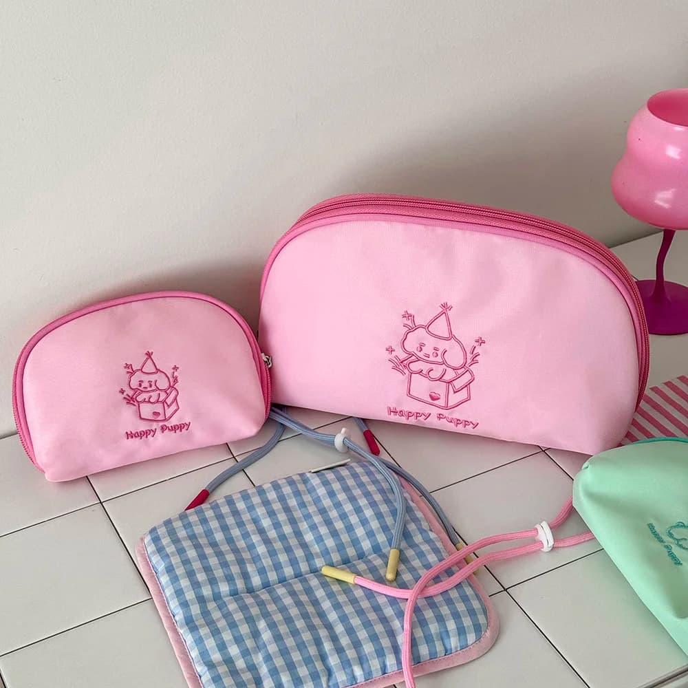 Borsa per il trucco da donna con cane cartone animato Kawaii Borsa per cosmetici carina per rossetti Borsa da viaggio rotonda portatile con cerniera