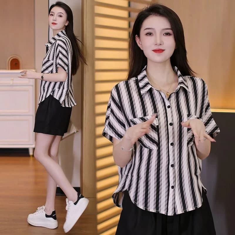 Summer Slimming Ice Silk Loose Striped Women's Shirt Fashionable Trendy Belly Covering Casual Style Short Sleeve T-Shirt