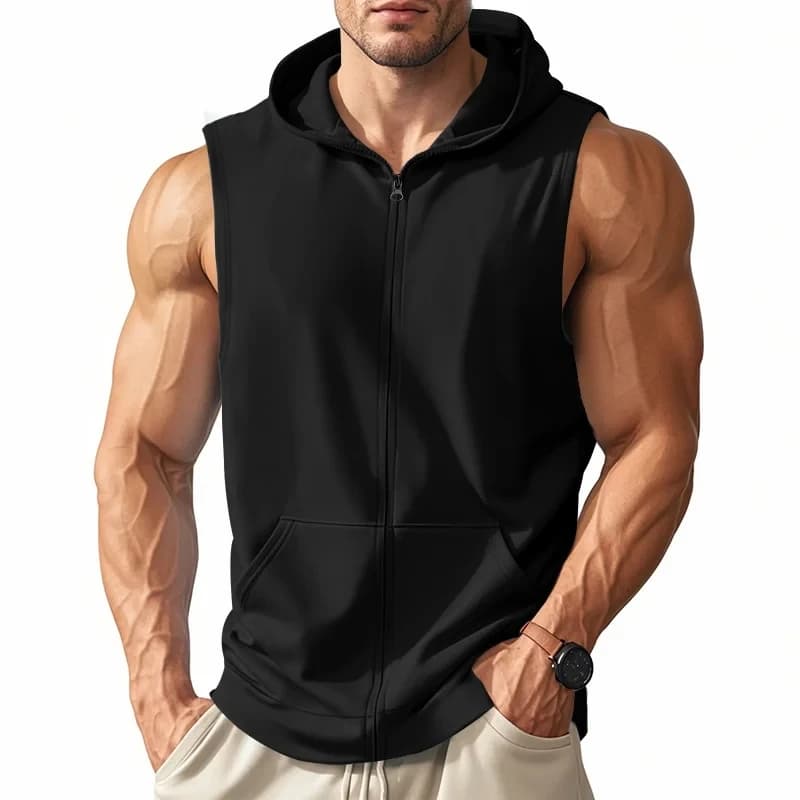 Canotta con cappuccio e zip da uomo per palestra, fitness, sport, moda casual, senza maniche, cardigan, t-shirt, top da corsa maschile