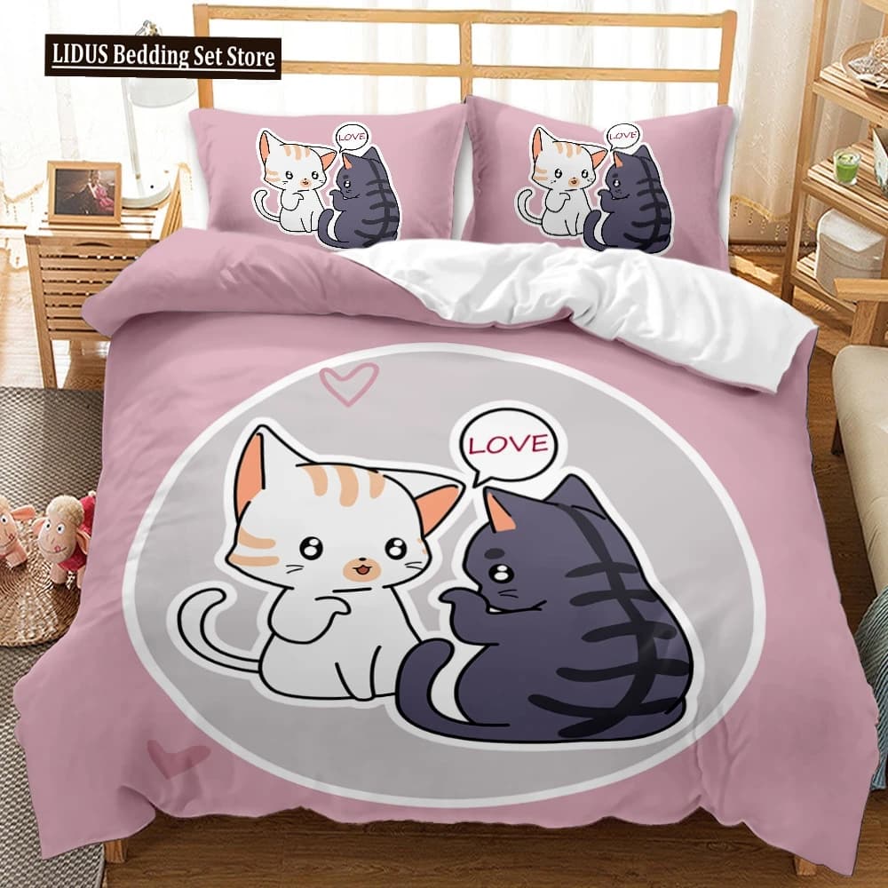 Cat Duvet Cover Set 3D Print Cartoon Animals Pattern Comforter Cover For Kids Boys Girls Polyester Bedding Set King Queen Size