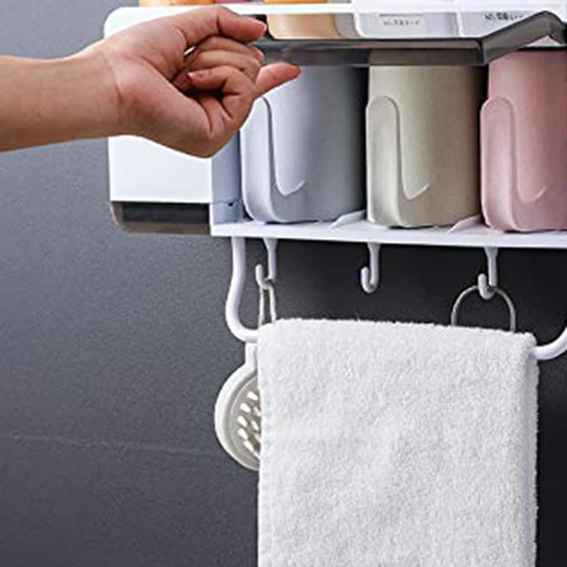 AT19-Dispenser automatico di dentifricio con supporto a parete e portaspazzolino antipolvere, spazzolino salvaspazio multifunzionale