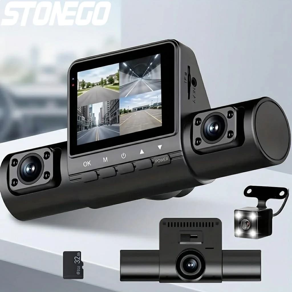 Dash Cam Full HD 1080P with 4 Objectives, Wide Angle, Loop Registration, IPS, Double Front Camera and Rear, Vehicle Monitor