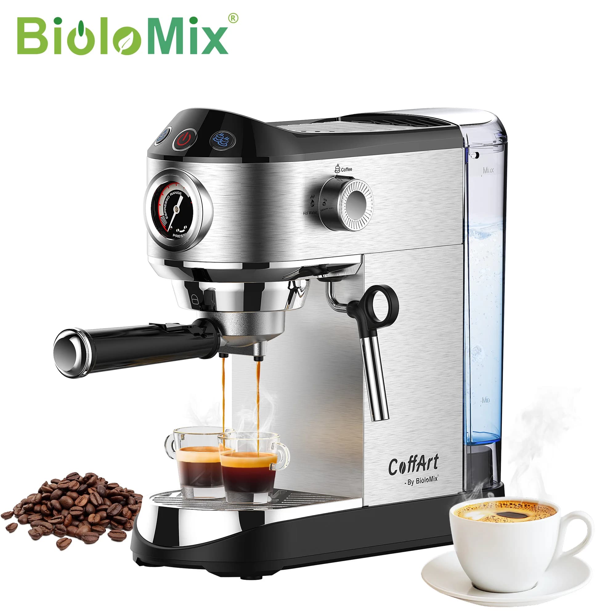BioloMix Macchina da caffè semiautomatica in polvere da 20 bar in acciaio inossidabile, con bacchetta per montalatte a vapore, per caffè espresso, cappuccino