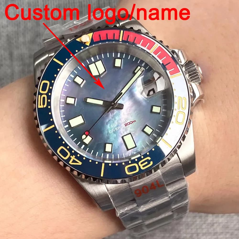 Men's Custom Automatic mechanical watch NH35A with Black Mother of Pearl dial, Luminous, 200m waterproof, 40MM brushed case, Date with Cyclop lens