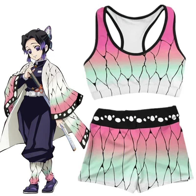 Fitness Gym Anime Demon Slayer Kochou Shinobu Costume Cosplay Allenamento sportivo Corsa Reggiseno corto Tuta da yoga