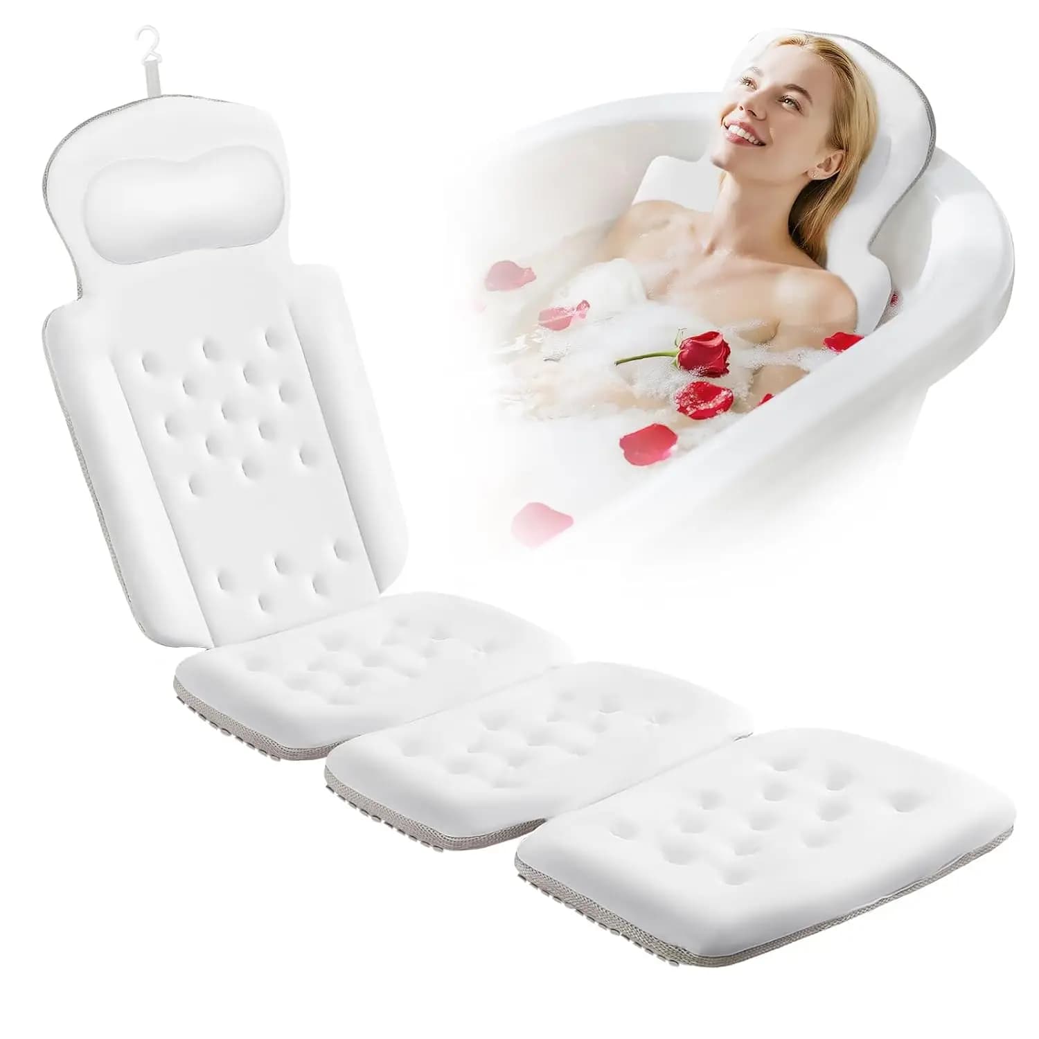 Bathroom cushion for the whole body with 192 suction cups, head and neck support, includes bag for washing, white, 63" x 16"