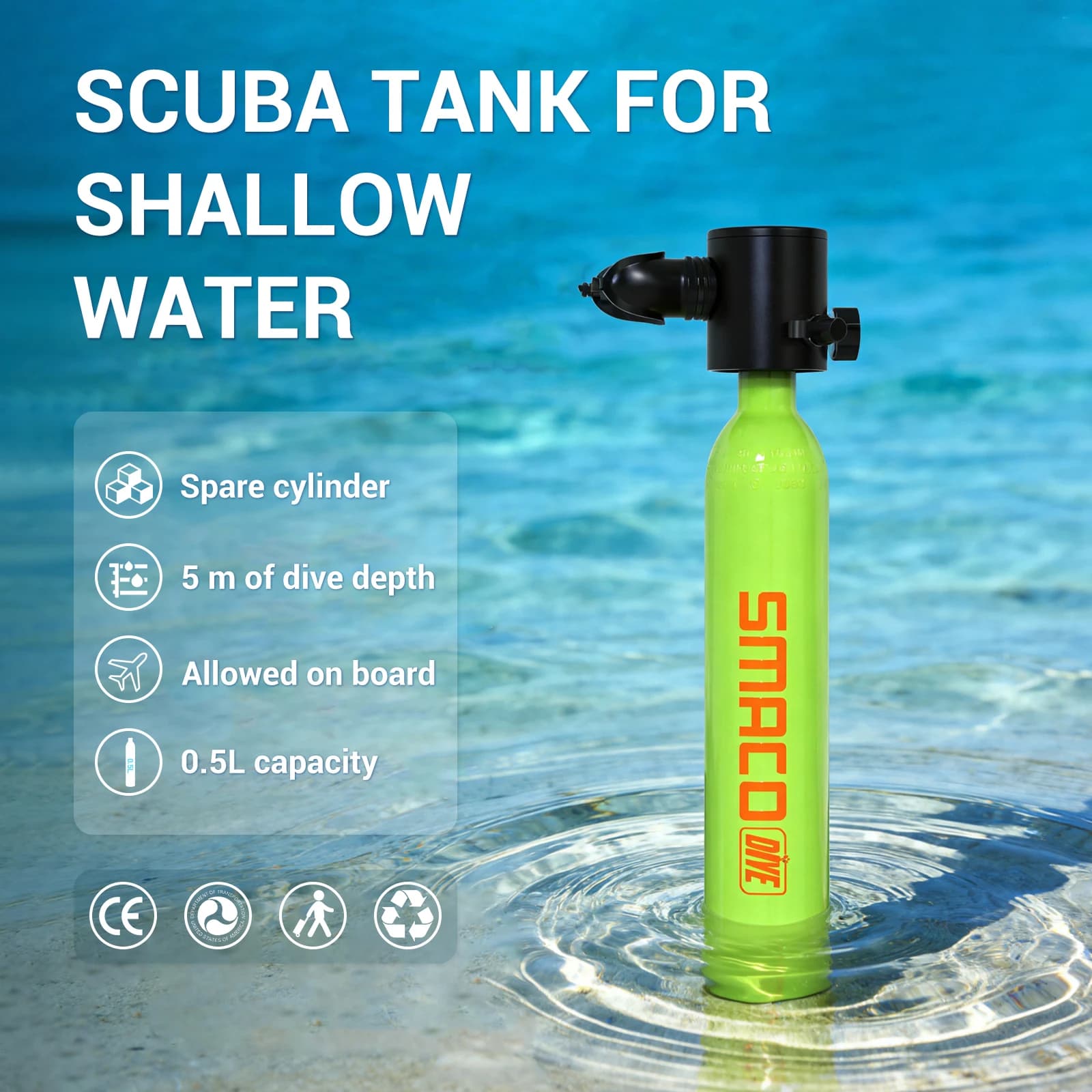SMACO S300 Bombola Subacquea Mini da 0,5L, Cilindro Portatile per Respirazione Subacquea, Snorkeling, Nuoto e Aria di Emergenza