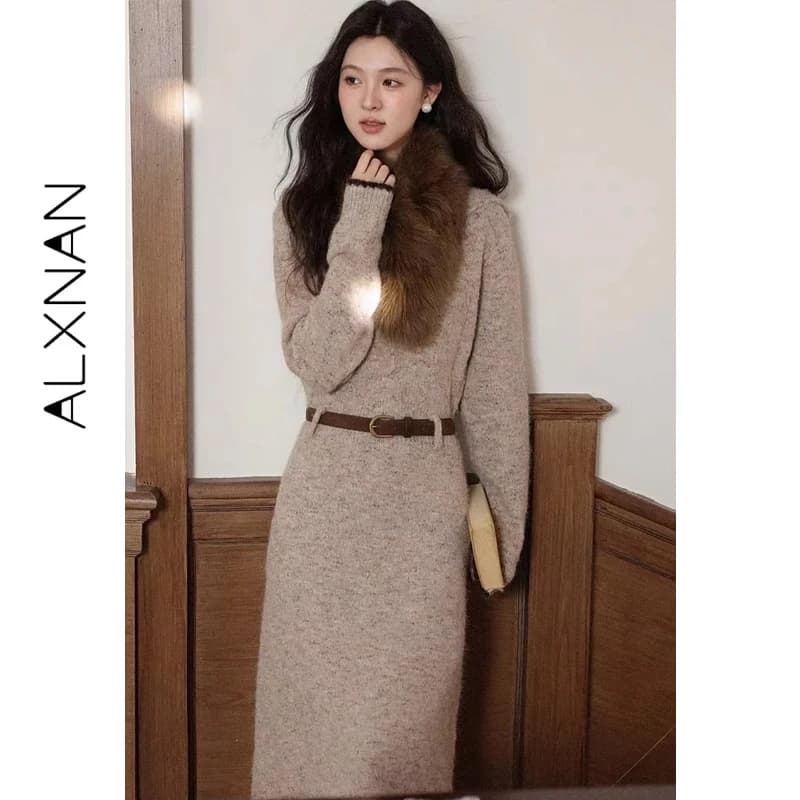 Abito a Maniche Lunghe ALXNAN 2026 Primavera Nuovo con Cappuccio e Bottoni Vestito Elegante Slim-fit in Maglia Abbigliamento Donna alla Moda con Cintura DYL662170