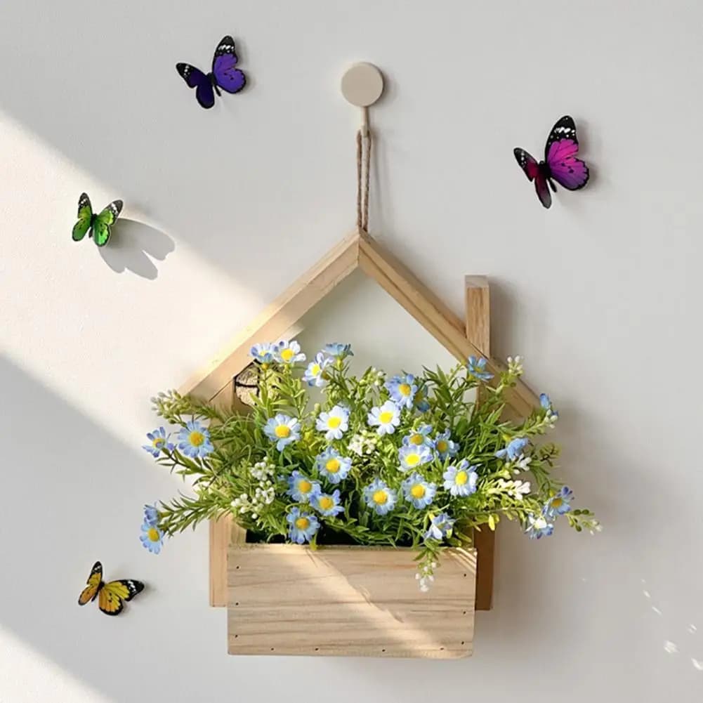 Bedroom Wall Planter Rustic Wood Wall Planter with Led Artificial Plants Hanging Flower Vase Holder Modern Farmhouse for Bedroom